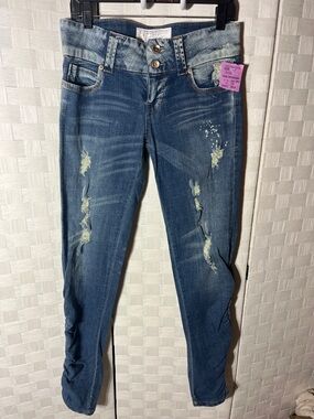 Dollhouse Distressed Dark Blue Skinny Jeans cinched leg design 11